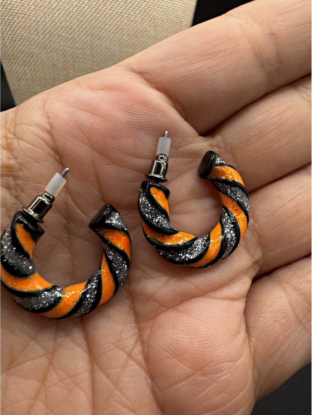 Black & Orange Swirl Hoop Earrings Round Post & Butterfly Closure Halloween